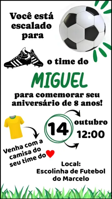 Convite Futebol para aniversário com tema de futebol. – tema aniversário (verde, esportivo, divertido, moderno, dinâmico)