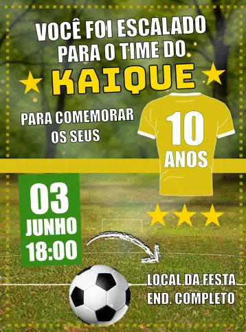 Convite Futebol 10 para aniversário infantil. – tema aniversário infantil (futebol, verde e amarelo, estilo moderno, divertido, esportivo, colorido)