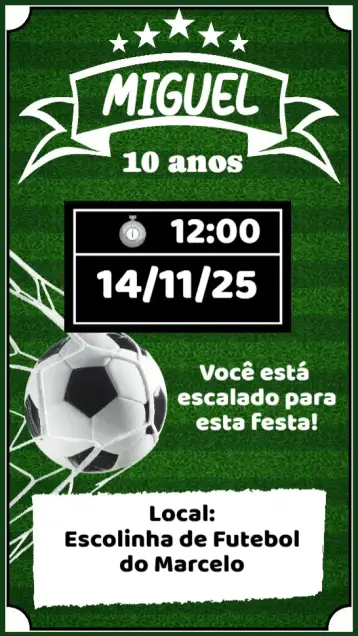Convite Futebol para aniversário com tema de futebol. – tema aniversário (verde e amarelo, estilo esportivo, design moderno, elementos gráficos de futebol, minimalista, dinâmico)