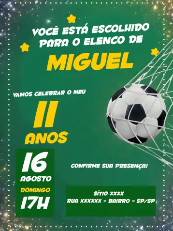 Convite Fútbol Amarillo para cumpleaños infantil con temática de fútbol. – tema más buscados (fútbol, amarillo vibrante, elementos gráficos deportivos, estilo alegre, animación jovial)