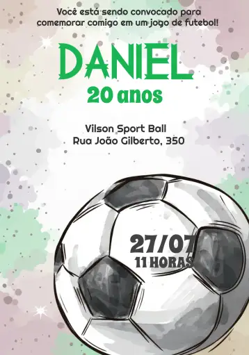 Convite Fútbol Acuarela Blanco para cumpleaños con temática de fútbol. – tema más buscados (acuarela, deportivo, divertido, colorido, moderno, infantil)