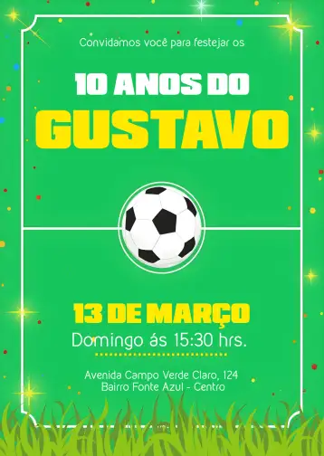 Convite Futebol Bola para aniversário infantil com tema de futebol. – tema aniversário infantil (verde, azul, moderno, esportivo, divertido)