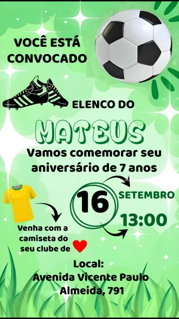 Convite Soccer Goal para children's birthday with a soccer theme. – tema most searched for (green, sporty, fun, vibrant, themed)