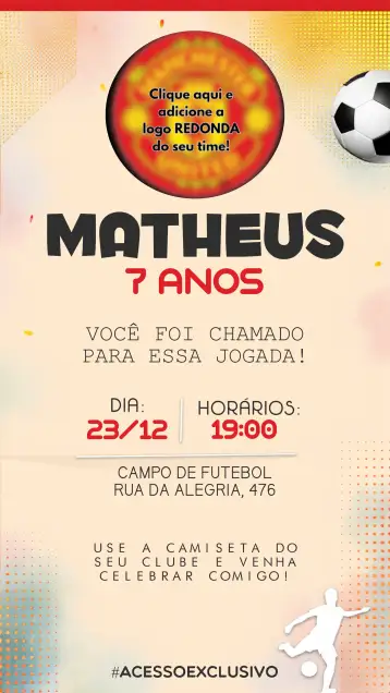 Convite Futebol Manchester para aniversário infantil – tema aniversário infantil (esportivo, vibrante, moderno, colorido, temático, divertido)