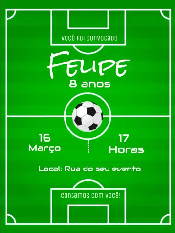 Convite Online Soccer para soccer-themed birthday. – tema most searched for (modern, sporty, vibrant, green, dynamic)