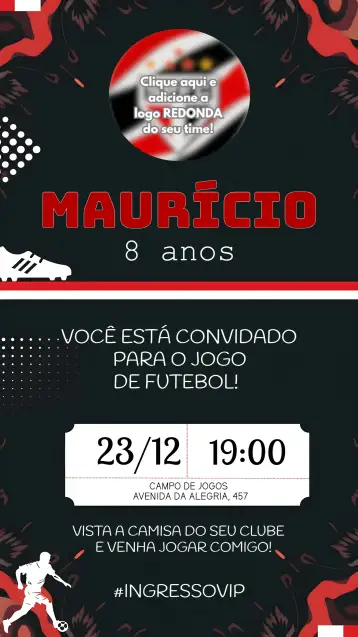 Convite Futebol Paulista para aniversário de torcedor apaixonado por futebol. – tema datas comemorativas (futebol, tricolor, moderno, dinâmico, vibrante, esportivo)
