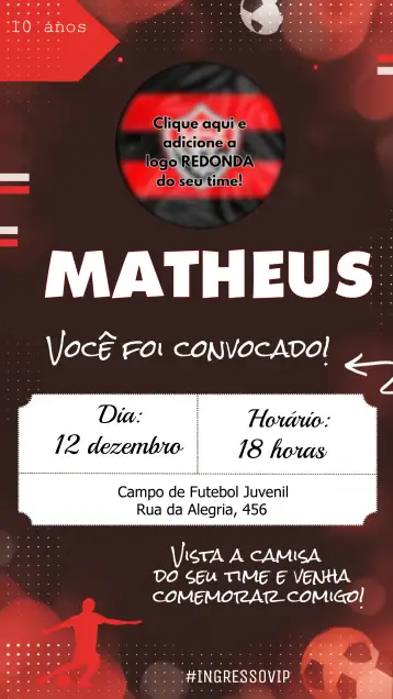 Convite Black Soccer para birthday with a soccer theme. – tema most searched for (black, red, sporty, modern, youthful, dynamic)