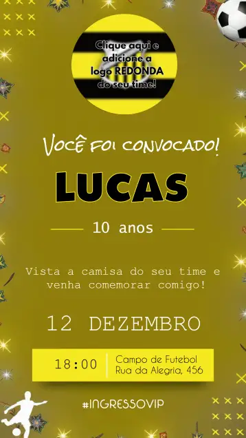 Convite Fútbol Time para cumpleaños con temática de fútbol. – tema fechas conmemorativas (fútbol, amarillo y negro, elementos gráficos deportivos, divertido, temático, moderno)