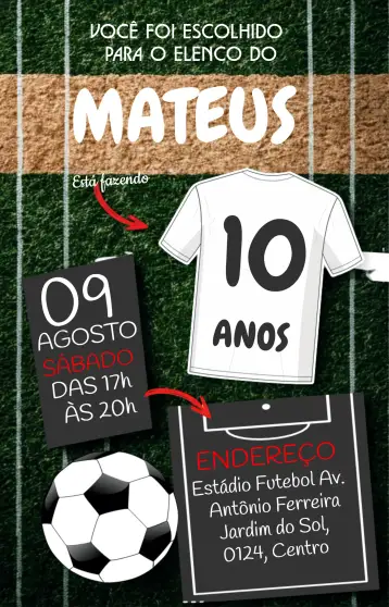 Convite Futebol Verde para aniversário infantil com tema de futebol. – tema mais pesquisados (verde, futebol, esportivo, animado, colorido)