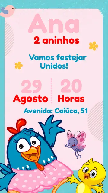 Convite Gallina Pintadita Azul para cumpleaños infantil. – tema más buscados (colorido, divertido, infantil, temático, vibrante)