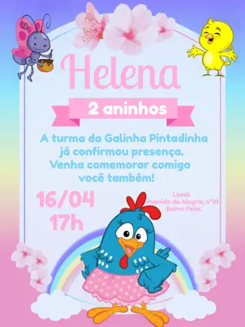 Convite Galinha Pintadinha Candy White para themed children's birthday. – tema most searched for (sweet, pastel, colorful, playful, childlike, cheerful)