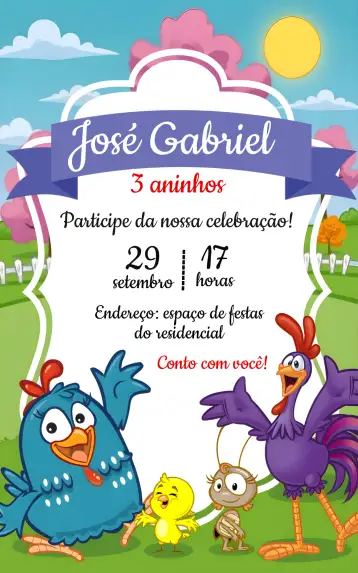 Convite Gallina Pintadita Gallo para cumpleaños infantil – tema más buscados (colorido, divertido, infantil, temático, moderno)