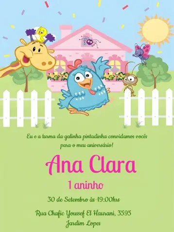 Convite Galinha Pintadinha Menina editável e personalizável