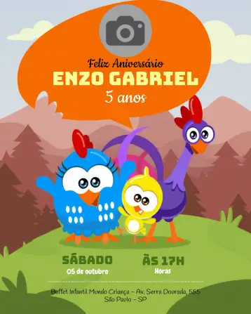 Convite Galinha Pintadinha Mini With Colored Photo para children's birthday. – tema most searched for (colorful, fun, childish, themed, cheerful)