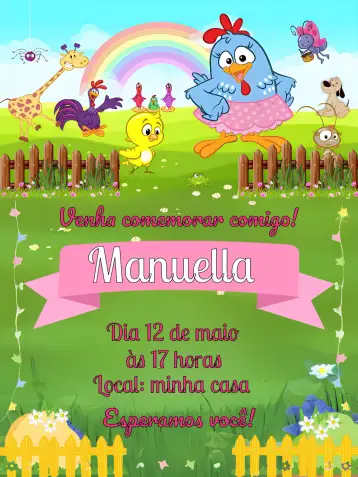 Convite Pink Candy Green Galinha Pintadinha para children's birthday – tema most searched for (candy, colorful, animated, childlike, fun)