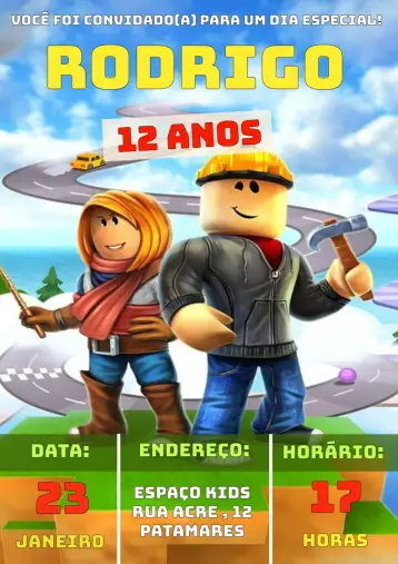 Invitación Gamer Roblox Femenino editable y personalizable