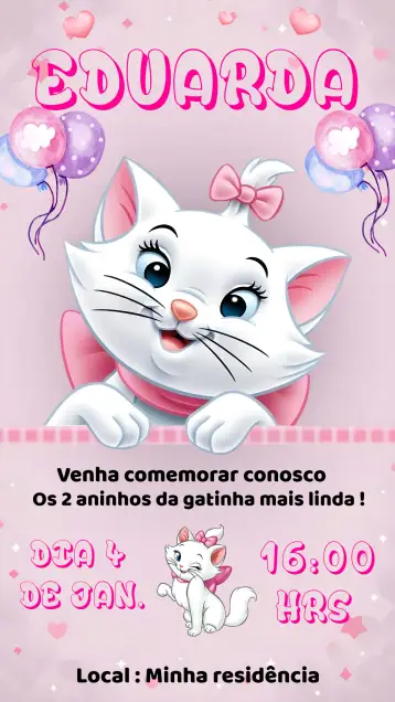 Convite Gatinha Marie Infantil para aniversário infantil. – tema mais pesquisados (rosa, infantil, feminino, lúdico, divertido, colorido)