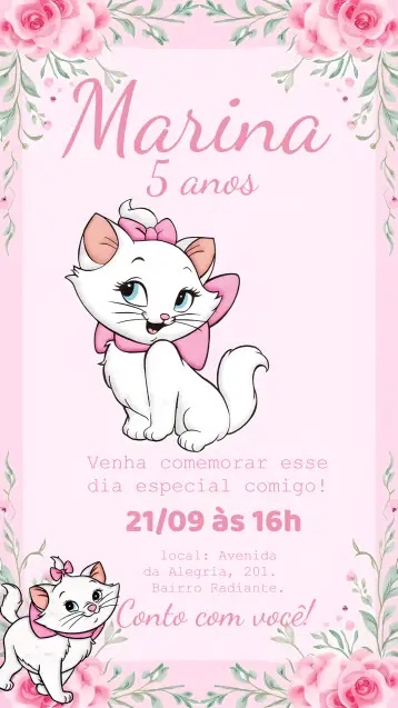 Convite Gatinha Marie Menina para aniversário infantil. – tema mais pesquisados (floral, delicado, rosa, infantil, moderno)