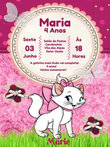 Convite Gatita Marie Rosa para cumpleaños infantil – tema más buscados (rosa, rojo, floral, infantil, delicado, divertido)