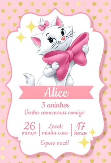 Convite Gatinha Marie Rosa Gata editável e personalizável