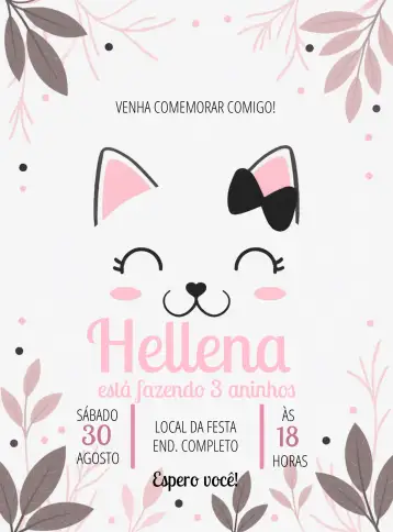 Convite Gatita Rosa Niña para cumpleaños infantil de niñas amantes de gatos. – tema más buscados (rosa, tierno, infantil, colorido, animales, moderno)