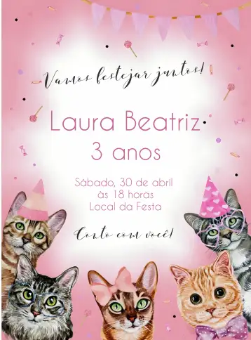 Convite Gatitos Sombrero para cumpleaños infantil con temática de gatos. – tema más buscados (colorido, tierno, lúdico, animales, infantil)