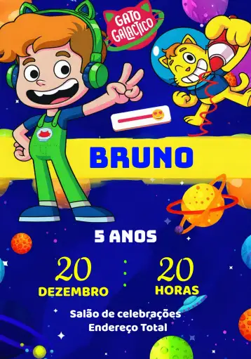 Convite Gato Galáctico Azul para aniversário infantil ou festa temática. – tema más buscados (galáctico, colorido, divertido, ilustraciones de gatos, moderno, infantil)