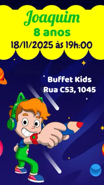 Convite Gato Galáctico para aniversário infantil – tema aniversário infantil (galáctico, colorido, divertido, lúdico, animais, moderno)