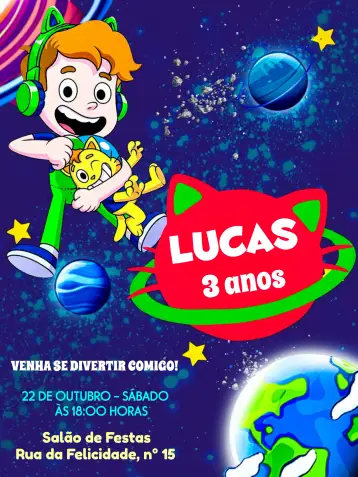Invitación Gato Galáctico Planeta editable y personalizable