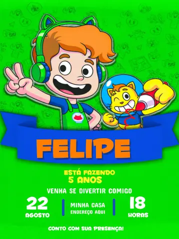 Invitación Gato Galáctico Verde editable y personalizable