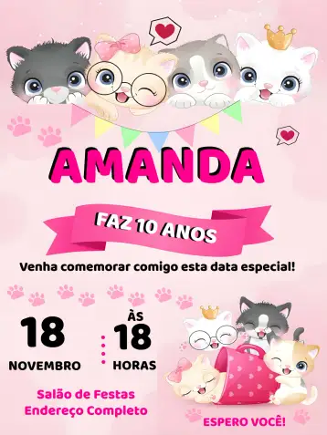 Convite Gato Gatinho Branco para aniversário infantil ou chá de bebê. – tema mais pesquisados (fofo, colorido, lúdico, moderno, animais, infantil)