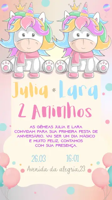 Convite Gêmeas Unicórnio Enviar para aniversário infantil – tema datas comemorativas (colorido, pastel, fantasia, mágico, infantil, divertido)