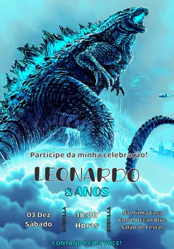 Convite Godzilla Azul para aniversário infantil com temática de godzilla. – tema mais pesquisados (moderno, divertido, cinematográfico, colorido, infantil, temático)
