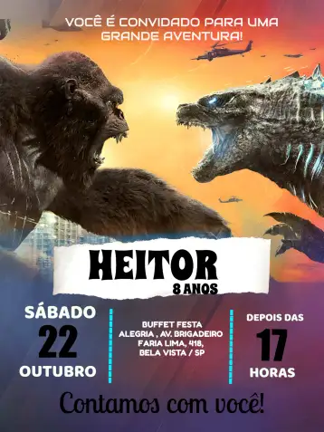 Convite Godzilla y King Kong Naranja para cumpleaños infantil con temática de monstruos. – tema más buscados (naranja, temática de monstruos, estilo divertido, ilustraciones coloridas, diseño vibrante)