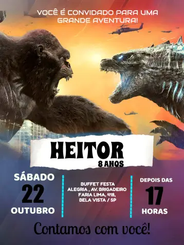 Invitación Godzilla y King Kong Naranja editable y personalizable