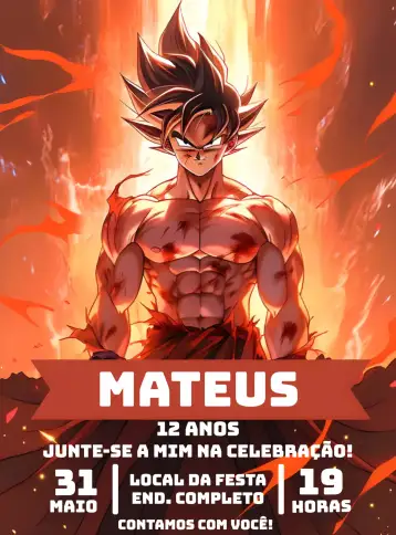 Convite Goku Dragon Ball Sayajin para aniversário infantil ou festa temática de dragon ball. – tema mais pesquisados (cores vibrantes, estilo anime, elementos gráficos de Dragon Ball, design divertido, inspirado em desenhos animados)