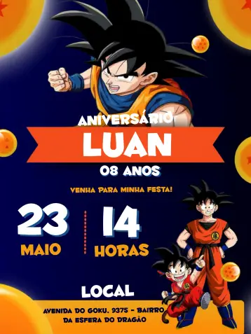 Convite Goku Dragon Ball Z Branco editável e personalizável