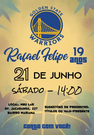 Convite Golden State Warriors NBA Kids para kids birthday – tema kids' birthday party (colorful, sporty, modern, youthful, dynamic)