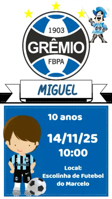 Convite Grêmio para aniversário com tema de futebol. – tema aniversário (futebol, vibrante, colorido, moderno, jovial, esportivo)