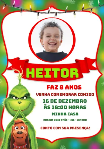 Convite Grinch Con Foto Blanco para cumpleaños infantiles y celebraciones navideñas. – tema fechas conmemorativas (colorido, divertido, temático, festivo, infantil)
