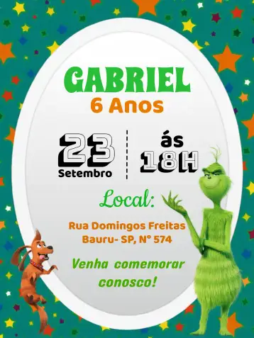 Convite Orange Grinch para themed party and children's birthday. – tema most searched for (fun-filled, colorful, festive, modern, themed, Christmas-themed)