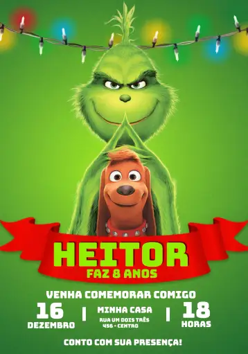 Convite Grinch Navidad para fiesta de navidad infantil – tema fechas conmemorativas (divertido, colorido, temático de Navidad, para niños, ilustraciones del Grinch)
