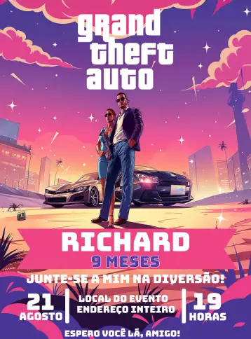 Convite Gta Grand Theft Auto 6 Rosa para cumpleaños infantil, especialmente para fanáticos de juegos electrónicos. – tema cumpleaños (moderno, juegos electrónicos, colorido, divertido, urbano, aventura)