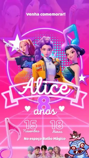 Convite Guerreiras do Kpop editável e personalizável