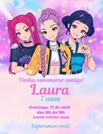 Convite Guerreiras do Kpop 6 para aniversário infantil com tema kpop. – tema aniversário (colorido, moderno, jovial, pop, divertido)