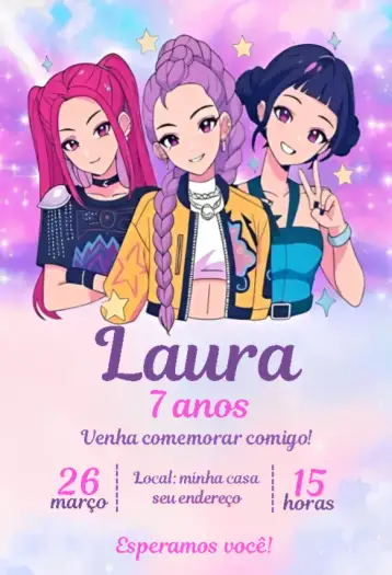 Convite Guerreiras do Kpop 8 para aniversário infantil com tema kpop. – tema aniversário (colorido, moderno, jovial, pop, divertido, temático)