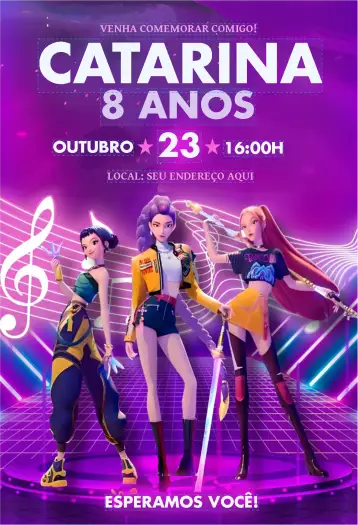 Convite Guerreras del Kpop para cumpleaños con temática kpop. – tema más buscados (colores vibrantes, estilo urbano, elementos gráficos del Kpop, moderno, divertido)