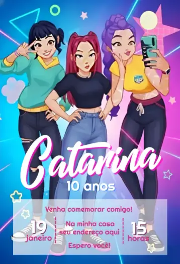 Convite Guerreiras do Kpop colorido 2 editável e personalizável