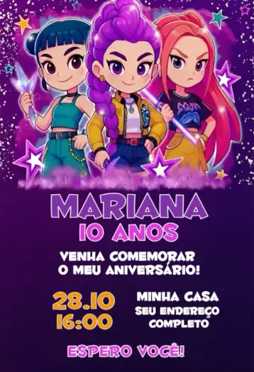 Convite Guerreiras do Kpop HUNTR/X – tema aniversário