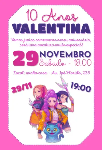 Convite Guerreras del Kpop Huntr/x para cumpleaños infantil con temática de kpop y anime. – tema cumpleaños infantil (colores vibrantes, estilo moderno, elementos de anime, diseño divertido, inspirado en Kpop)